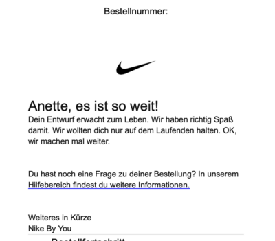 Beispiel optimale Kundenkommunikation von Nike, Schritt 3 Auftaktinfo